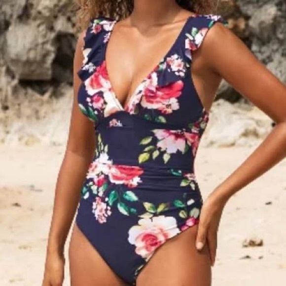 NWT CUPSHE Floral Ruffled Deep V-neck Navy Blue - Picture 4 of 7